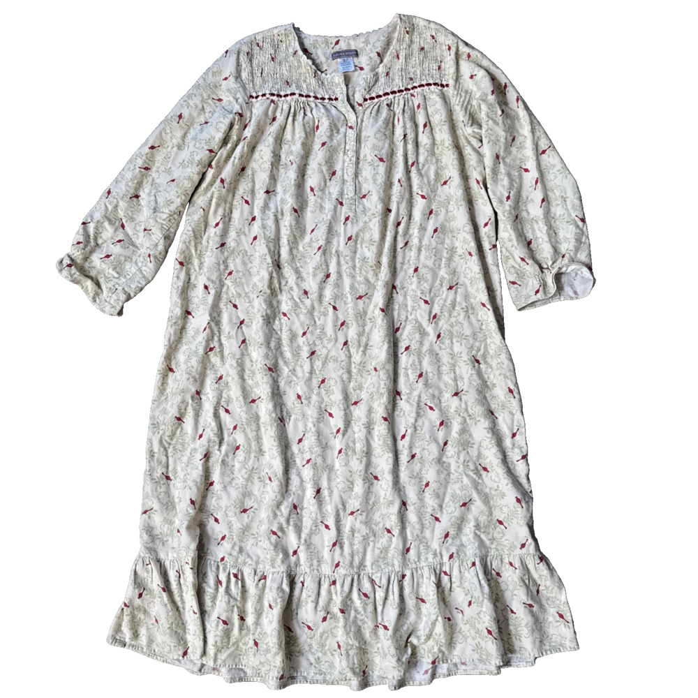 Vintage Laura Scott Flannel Nightgown M 100% Cotton Red Bird Cottagecore Lace